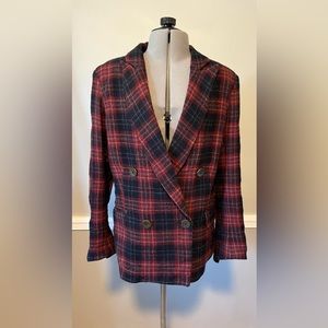 Anthropologie “Capulet” label Double Breasted Wine/Navy Plaid Blazer Size Medium